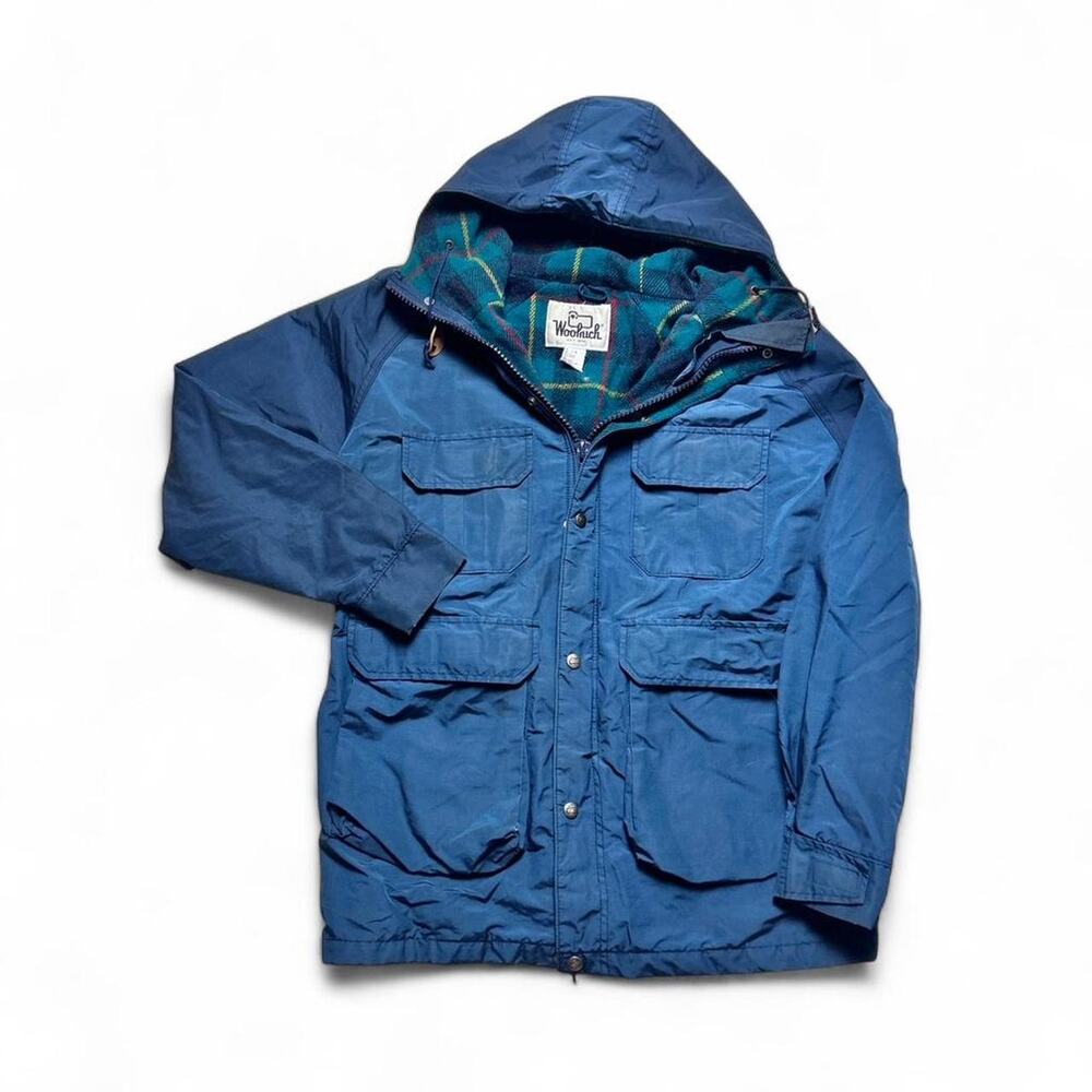 Woolrich 90s Vintage USA made Wool Plaid Lined Parka Blue Jacket Medium
